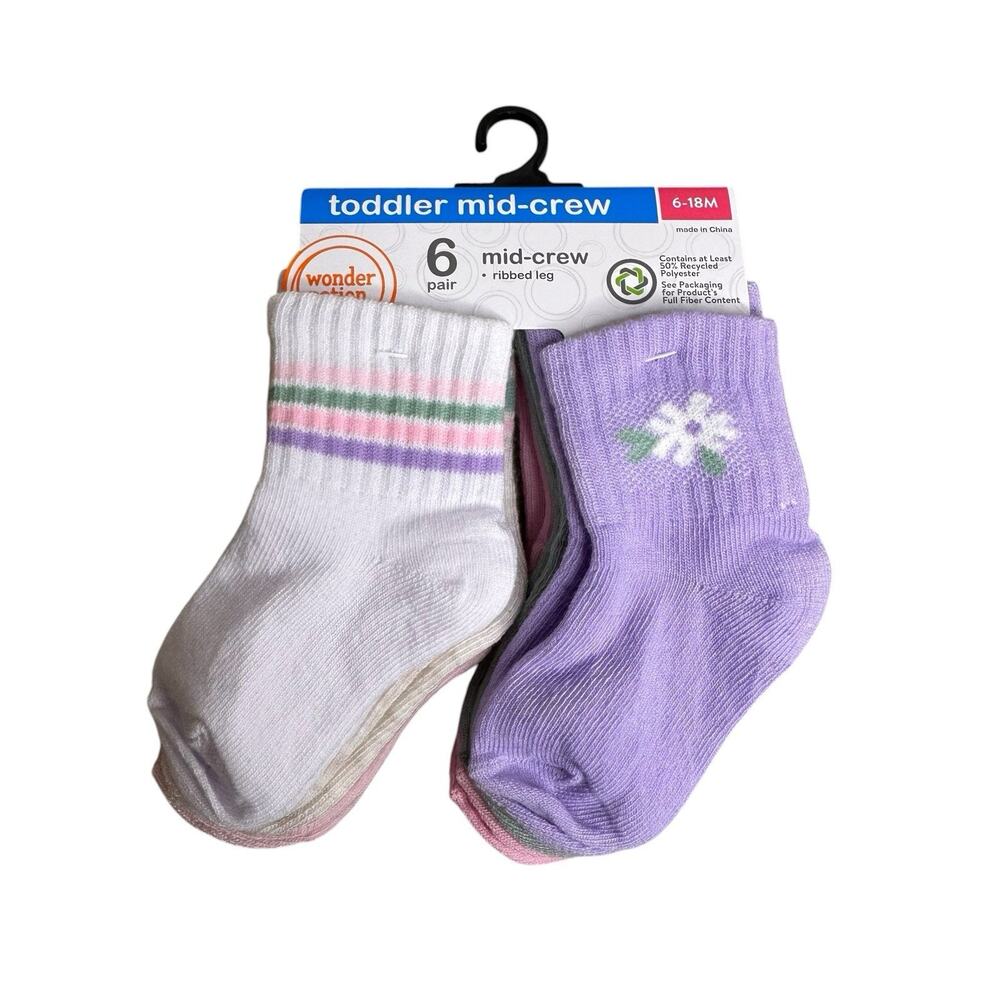 Wonder Nation Baby Girl Mid Crew Socks 6 Pack Sizes 6 Months New
